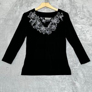 Chico's Black Blouse with White Floral Embroidery